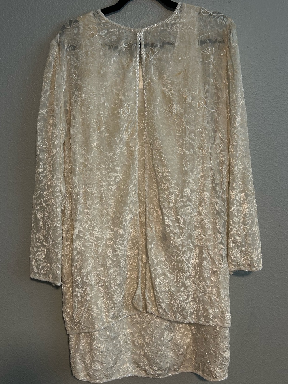 VINTAGE Scala Women's Two Piece Set Ivory Beaded Dress W/Cardigan - Ivory BRIDAL